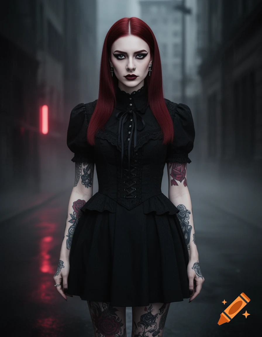 Photorealistic portrait of a young goth woman with red hair, black dress, and tattoos, standing in a foggy city street.