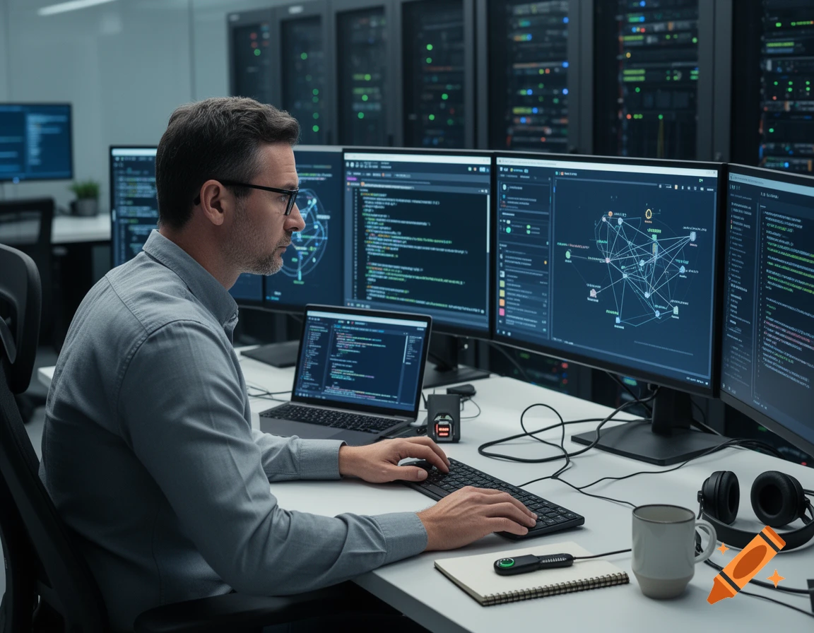 A senior IT security engineer with glasses sitting at a desk working on multiple monitors with code and network graphs in a server room.