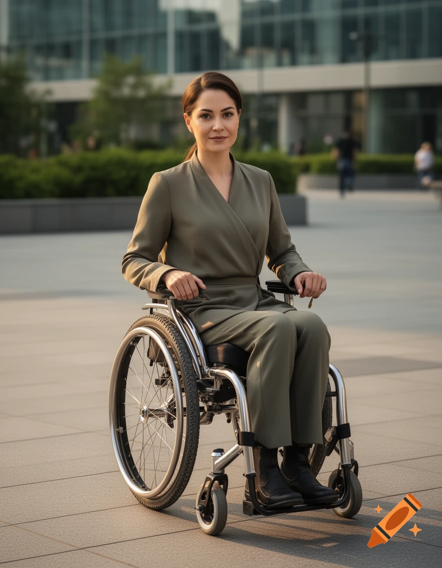 Photorealistic portrait of a smiling woman in a wheelchair outdoors in a city plaza.