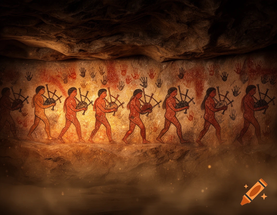 Neolithic cave painting style wall art depicting primitive human figures holding bagpipes, with handprints in the background.