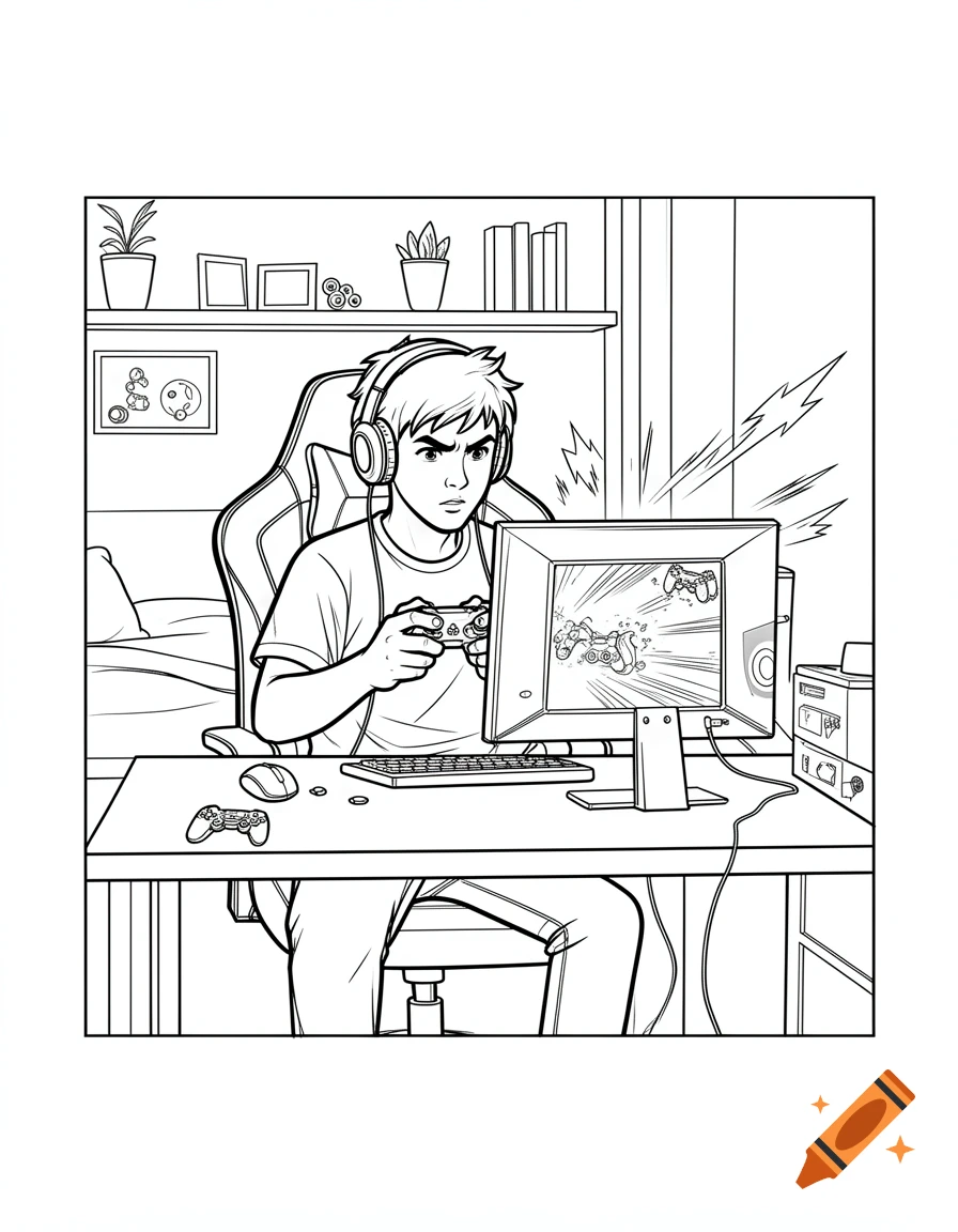 Black and white coloring page of a focused young man playing video games in his room wearing headphones.