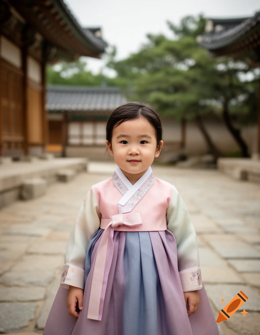 Young child wearing a traditional Korean hanok and pink and purple hanbok, standing in a courtyard with traditional architecture.