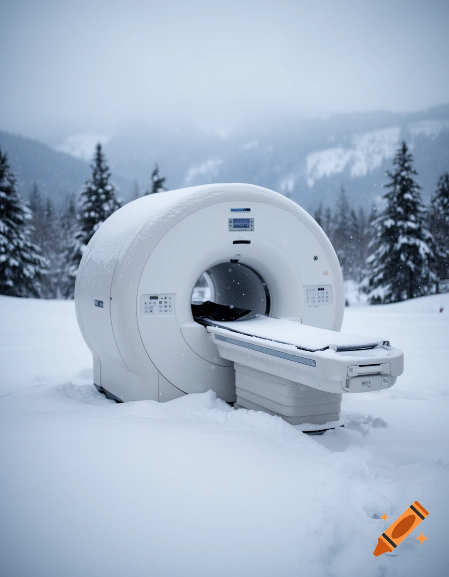 An MRI machine sitting outdoors in a snowy landscape surrounded by pine trees, photorealistic.