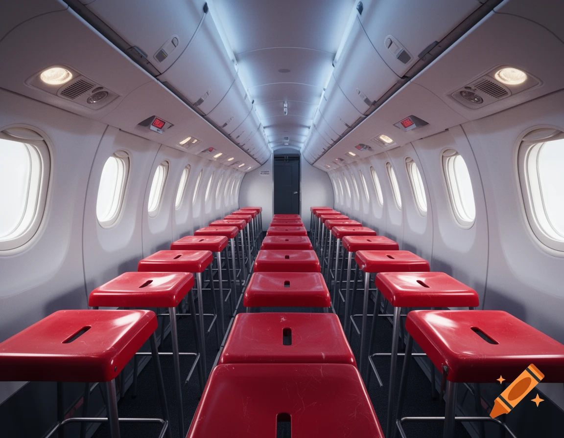 Photorealistic interior of an airplane cabin filled with rows of red plastic stools instead of seats.