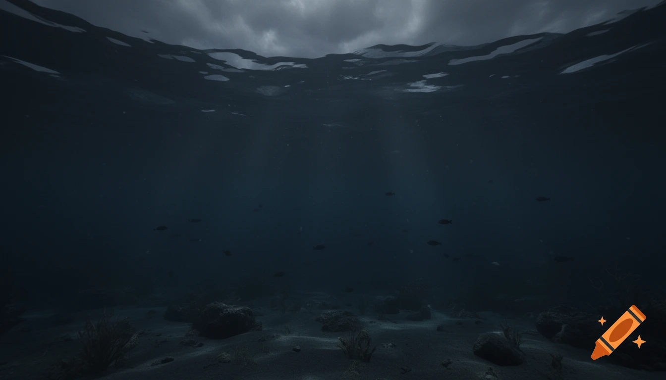 Dark underwater view of the ocean floor with scattered rocks and small fish under a stormy sea surface.