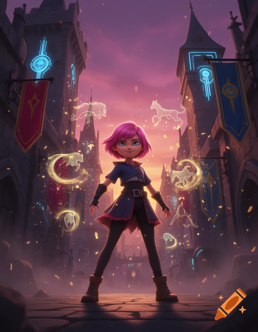 3D animated style portrait of Nimona standing in a medieval fantasy street with glowing magical creature symbols.