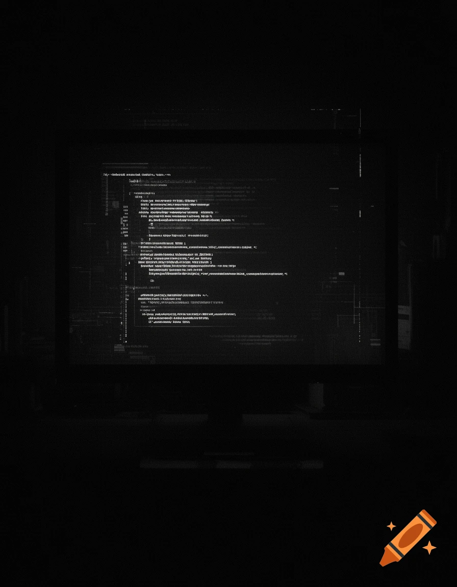 Dark terminal screen with glowing code fragments in a low light cyberpunk noir setting.