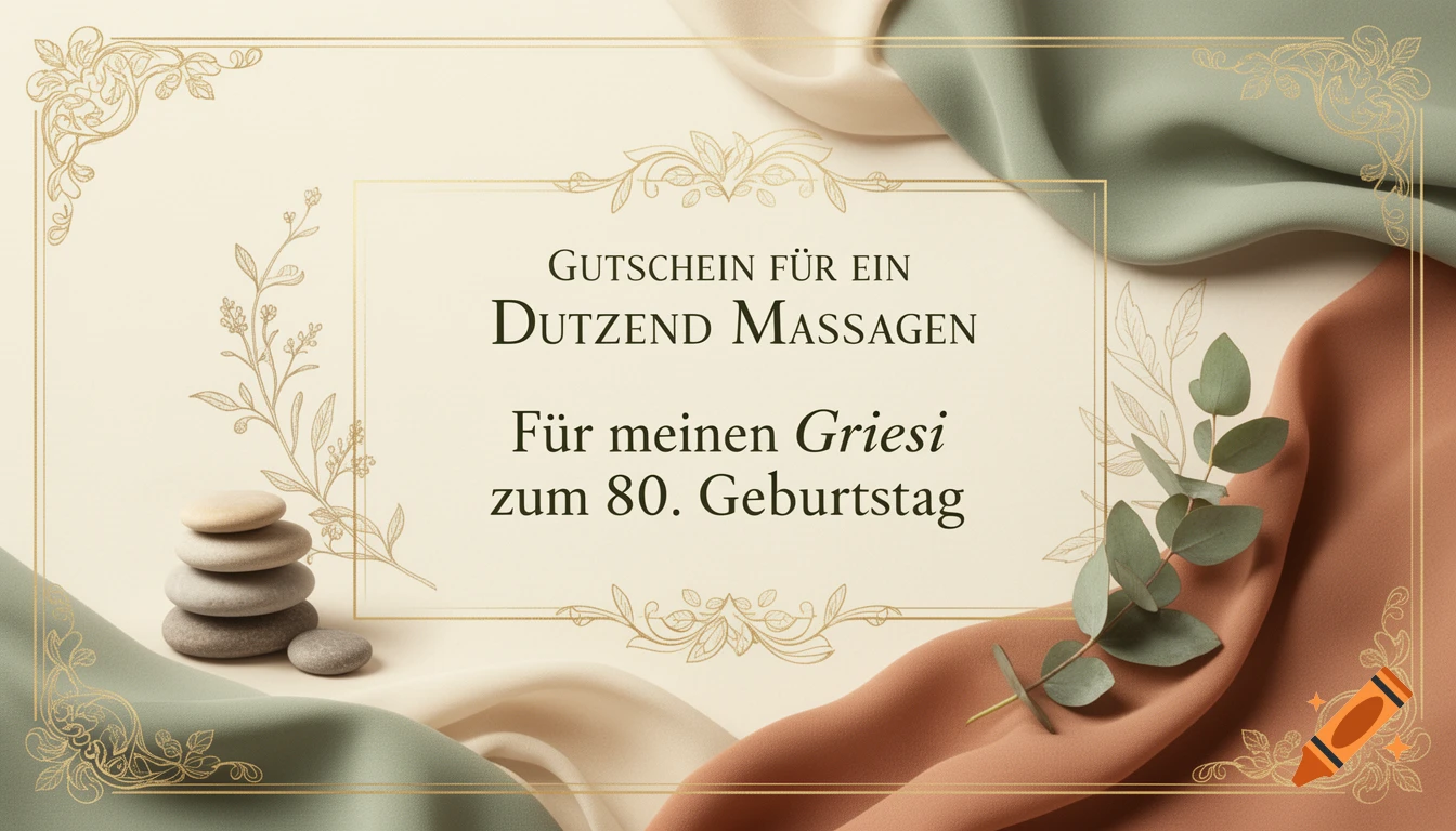 Elegant birthday voucher in landscape format with German text, stacked stones, eucalyptus leaves, and draped fabric.