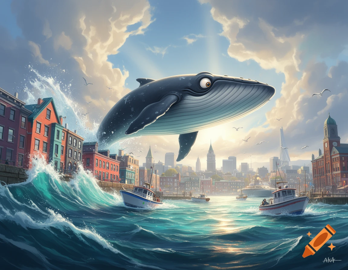 A humorous digital illustration of a large cartoon whale flying over a coastal city with crashing waves.
