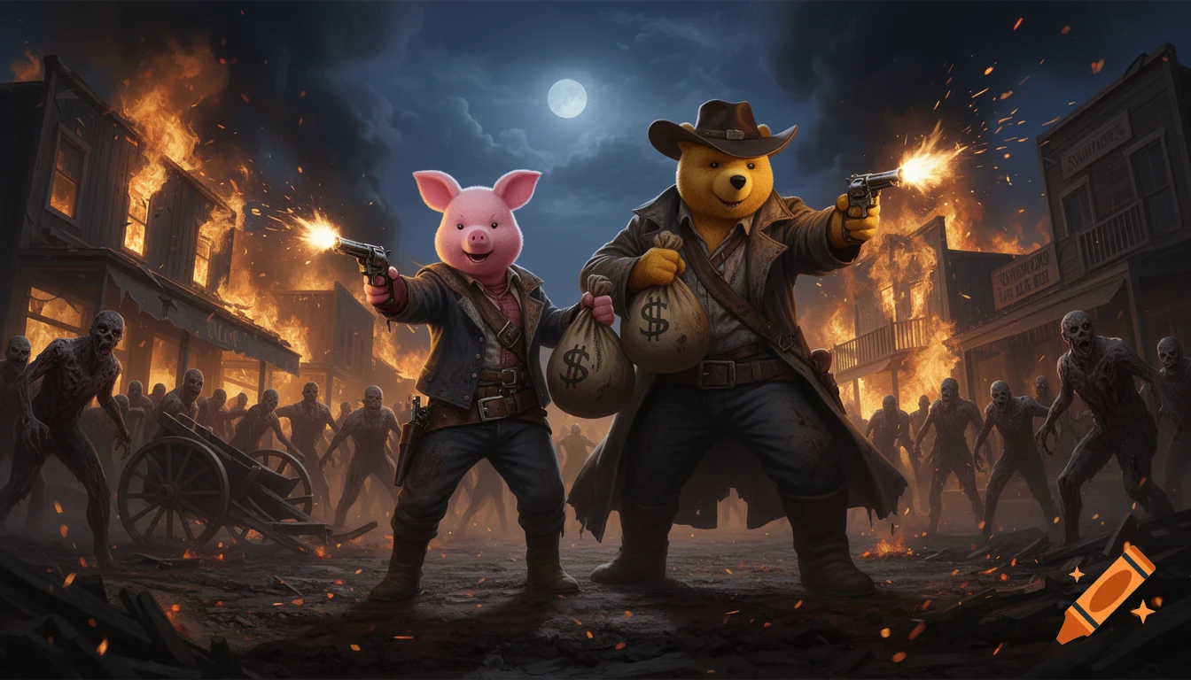 Piglet and Winnie the Pooh as armed cowboys holding money bags and shooting at approaching zombies in a burning western town at night, digital art style.