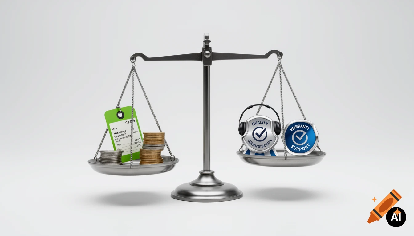 A silver balance scale with coins and a price tag on one side, and quality and warranty service icons on the other, against a light background.