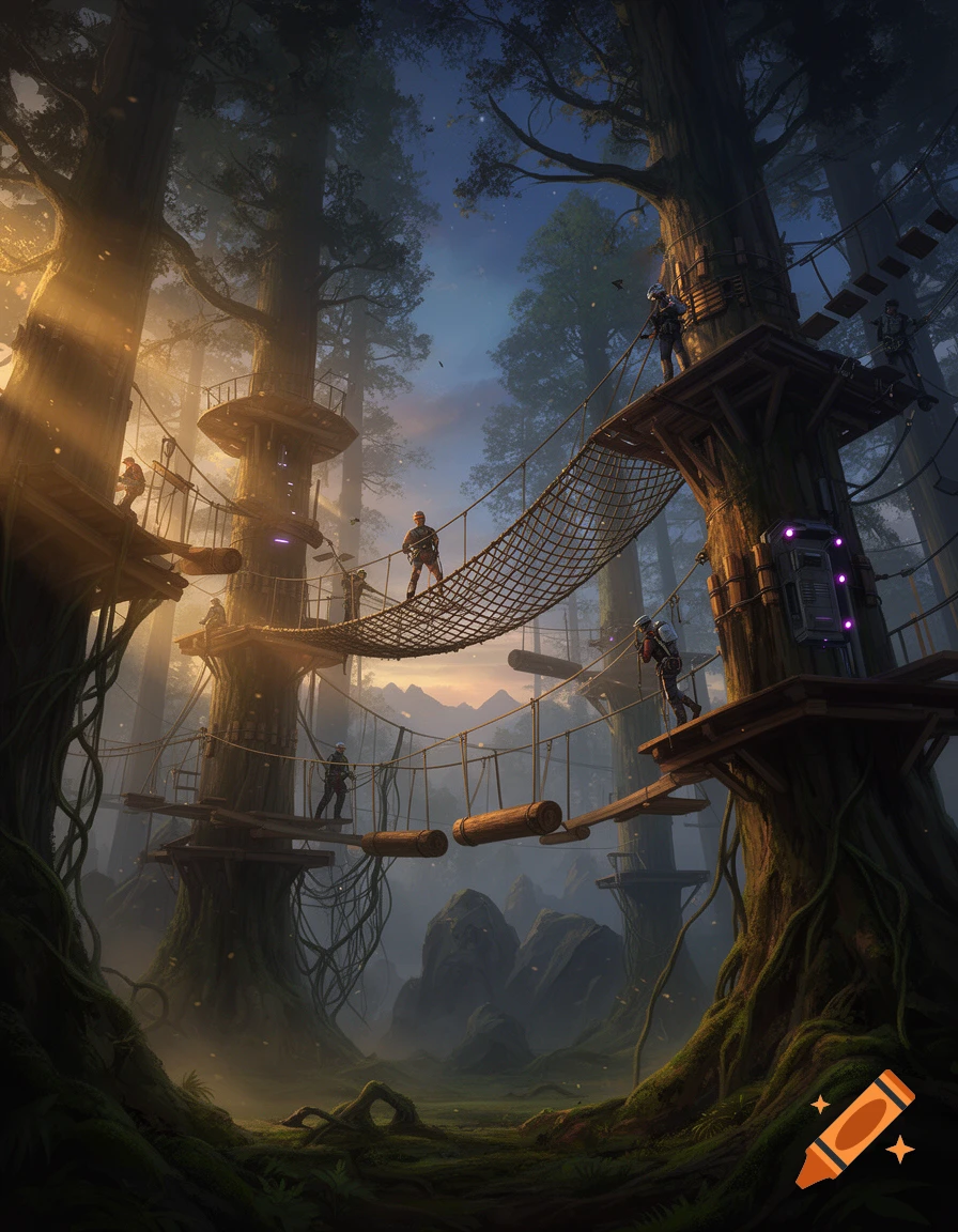 Digital illustration of a futuristic treehouse village with rope bridges suspended between massive redwood trees in a misty forest.