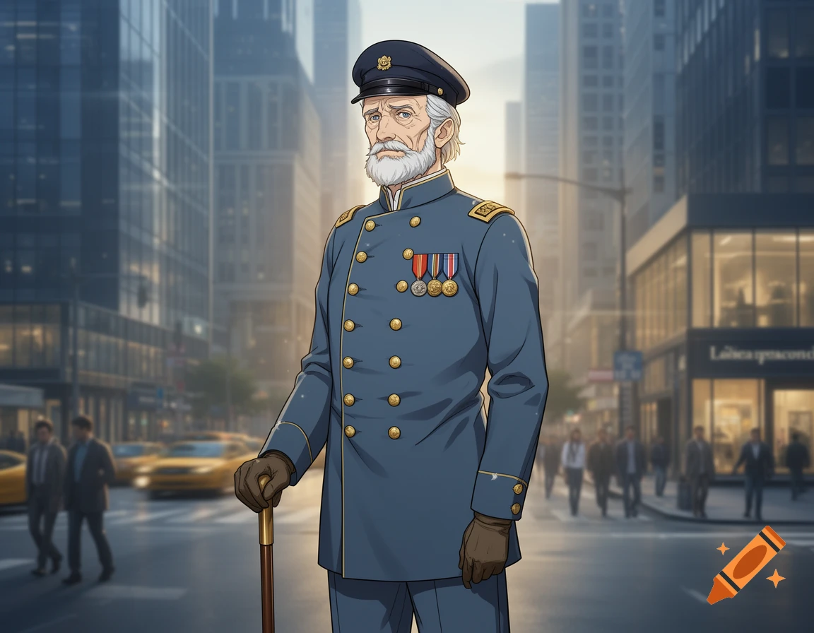Anime style illustration of an elderly American Civil War Union veteran with a beard and cane standing on a modern city street.