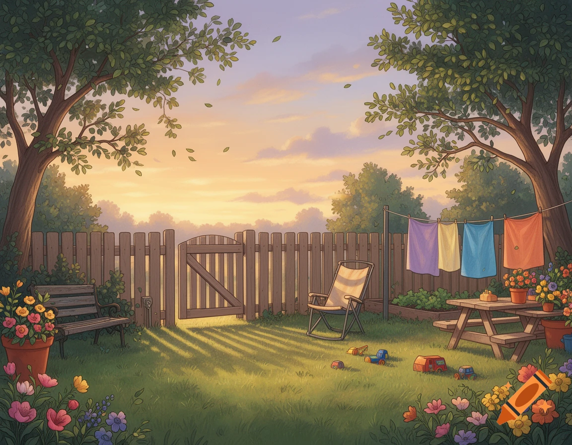 An illustrated backyard scene during golden hour with a wooden fence, clothesline, trees, and wildflowers in a children's book style.
