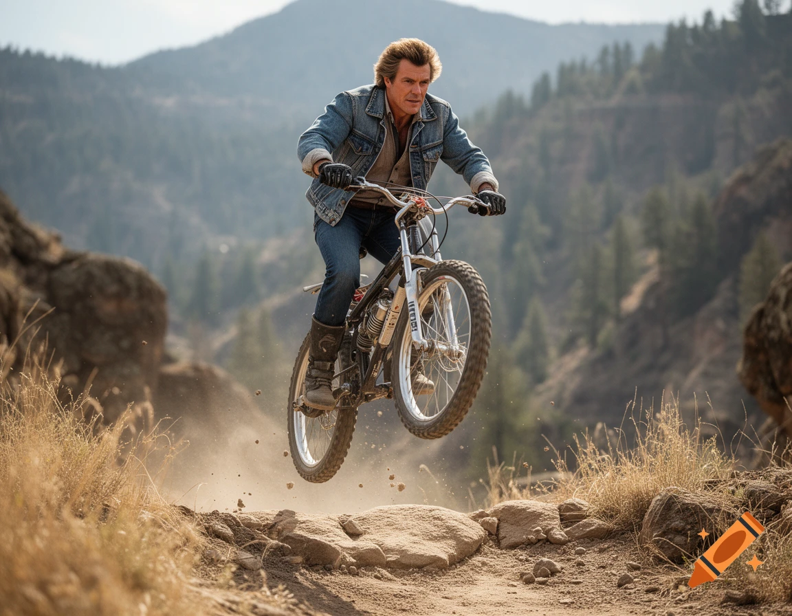 Photorealistic image of a man in a denim jacket jumping a mountain bike on a dirt trail in front of mountains.