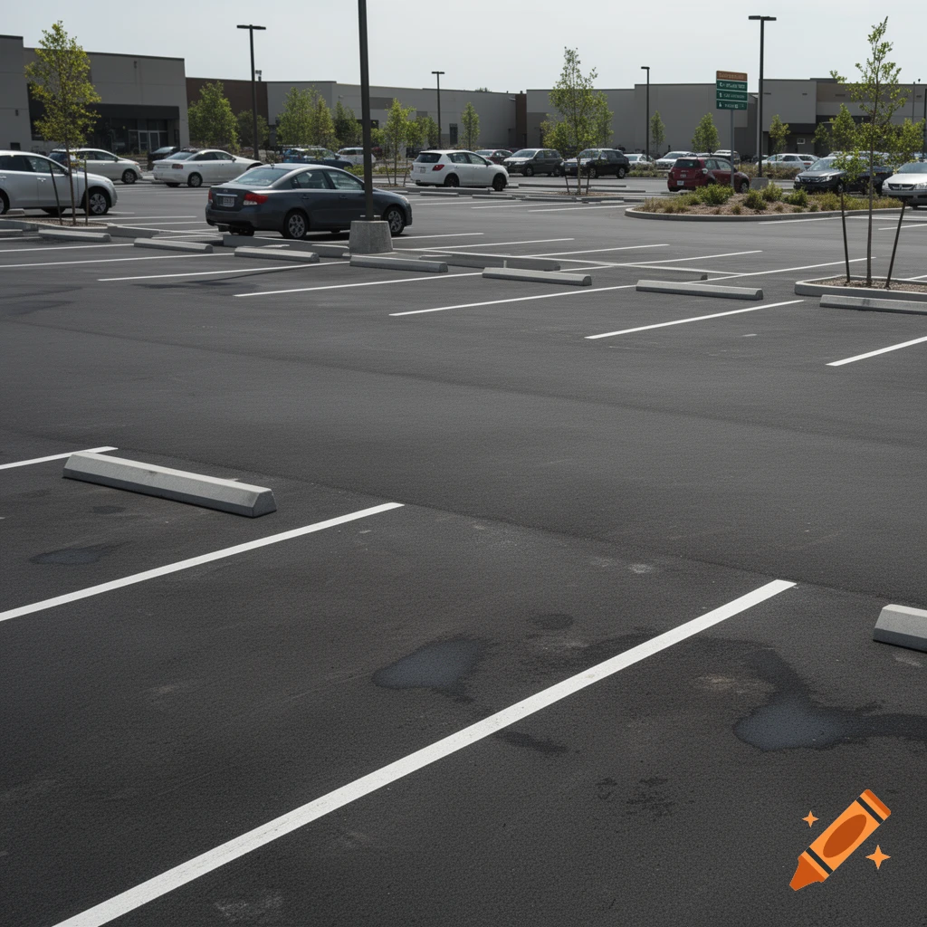An empty asphalt parking lot with parked cars and storefronts in the background, photorealistic.