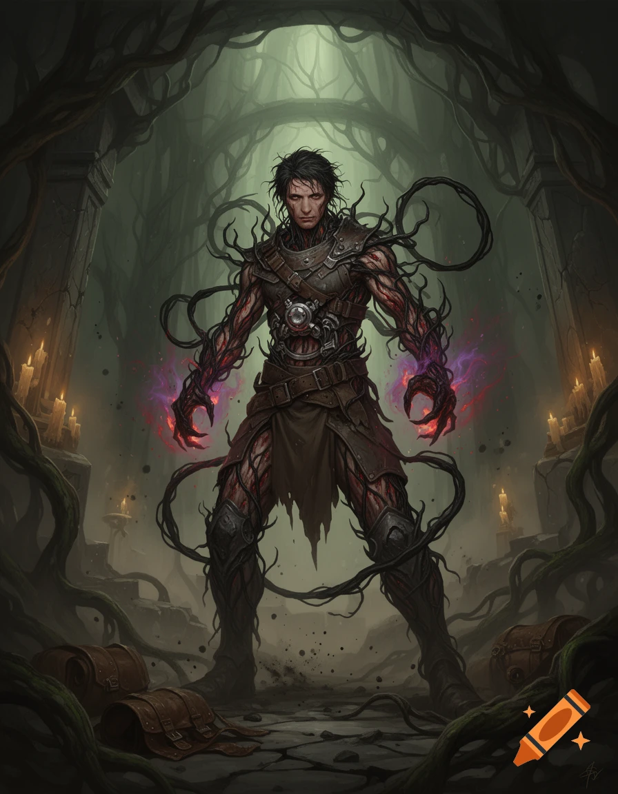Digital painting of a dark fantasy rogue character with blackened roots and glowing veins in a stone dungeon.