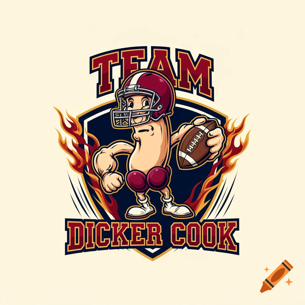 Cartoon mascot logo of a phallic football player character holding a football, framed by flames and shield background with text.