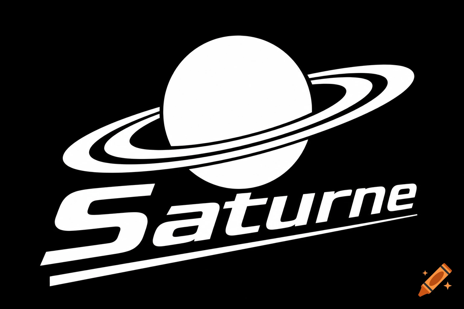Minimalist white vector logo of the planet Saturn with rings and the word Saturne on a solid black background.