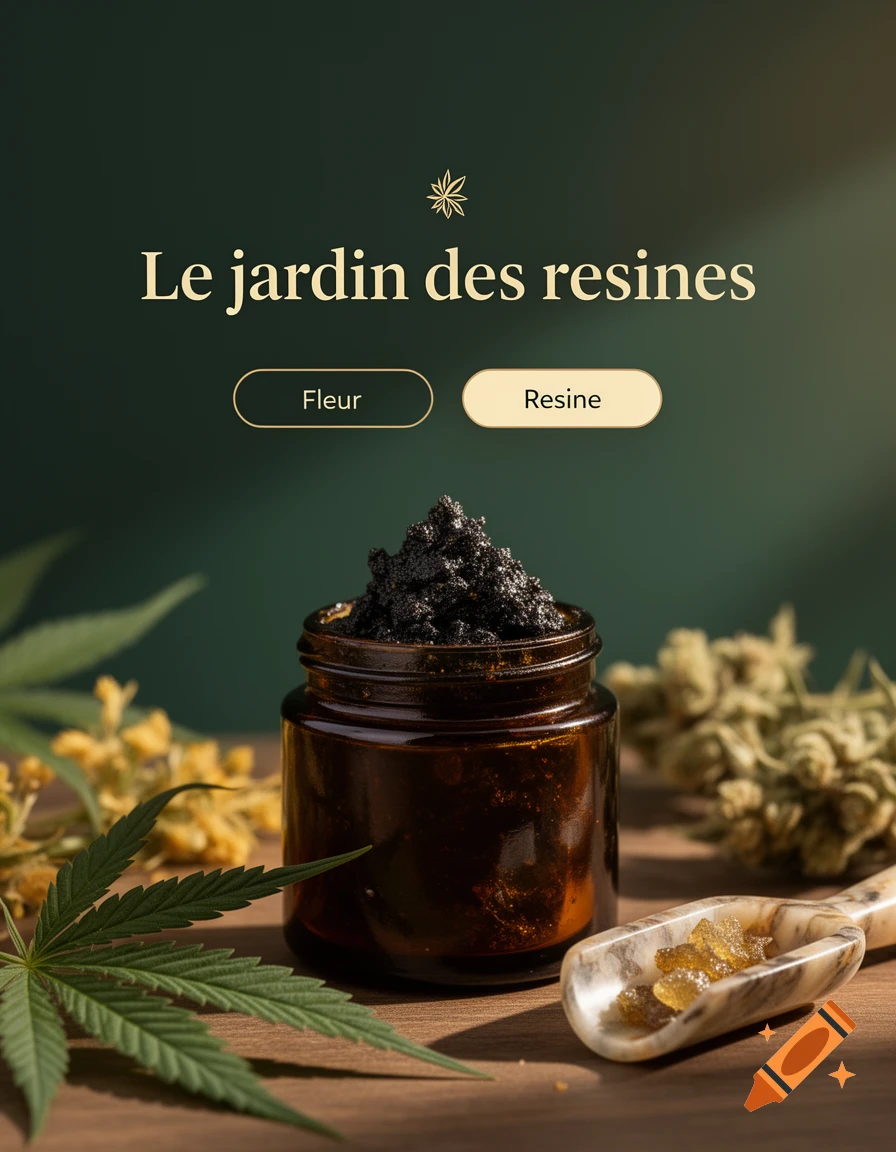 Photorealistic product display for CBD resin and flowers featuring a dark glass jar and natural elements.