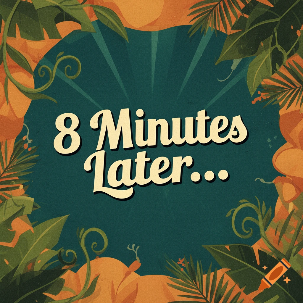 Cartoon title card with the text 8 Minutes Later in a vintage retro font, framed by tropical jungle leaves.