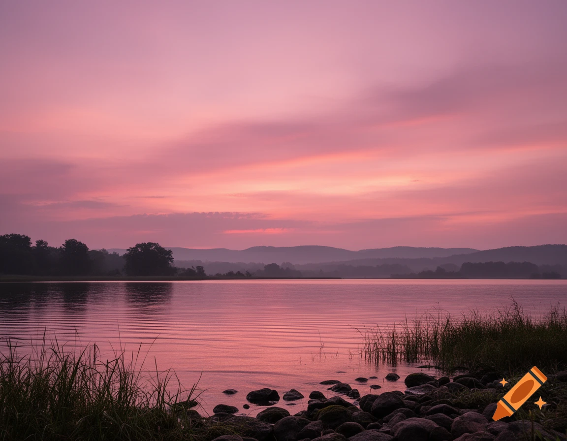 Photorealistic landscape of a calm lake surrounded by trees and mountains under a pink sunset sky.
