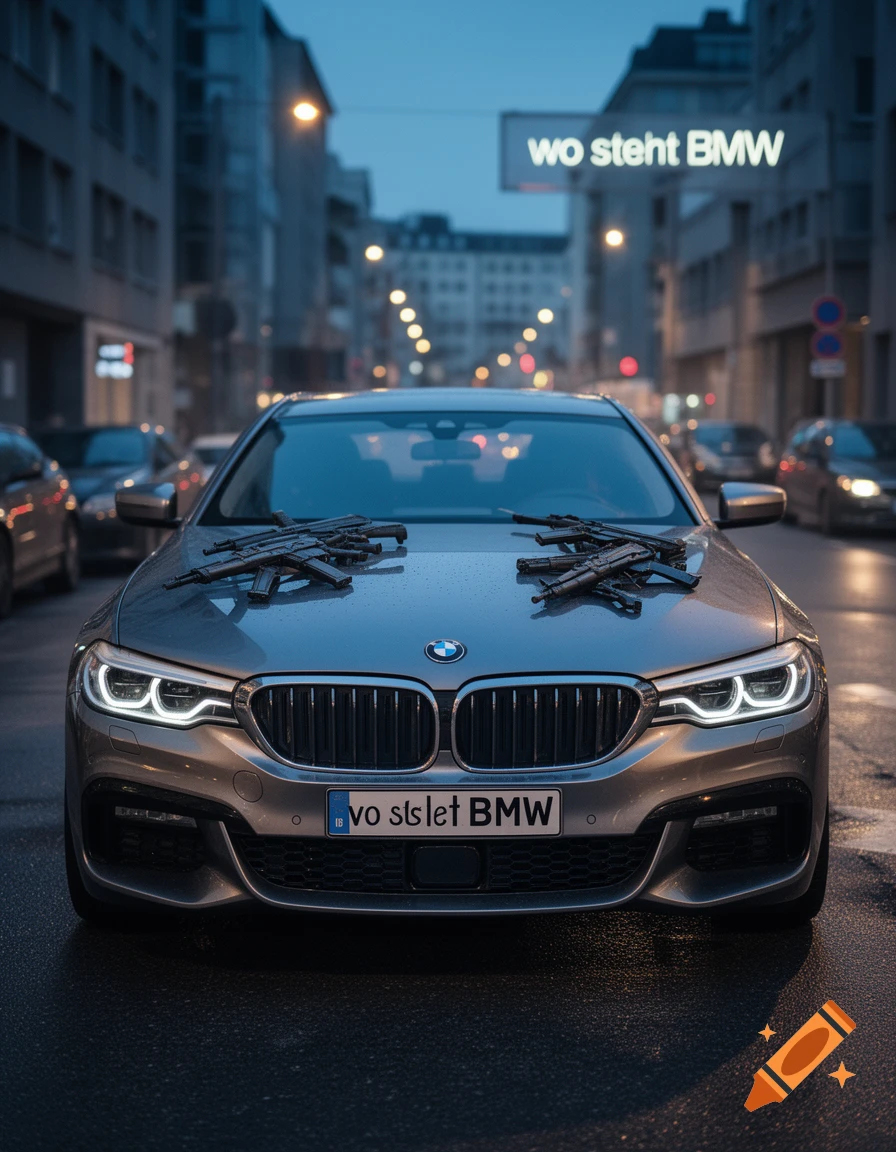Photorealistic image of a grey BMW car parked on a wet city street at dusk, with assault rifles on the hood.