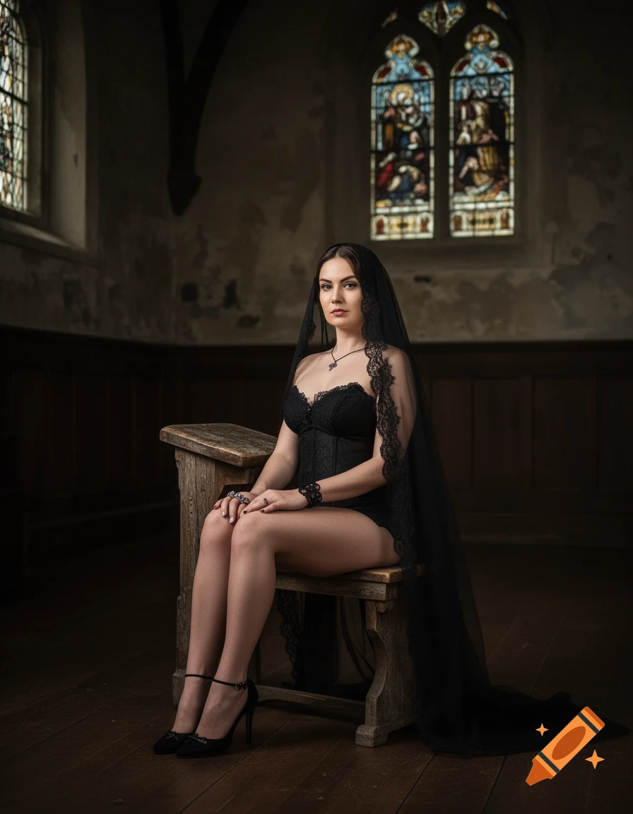 Photorealistic portrait of a woman in a black corset and veil seated in a dimly lit church with stained glass windows.