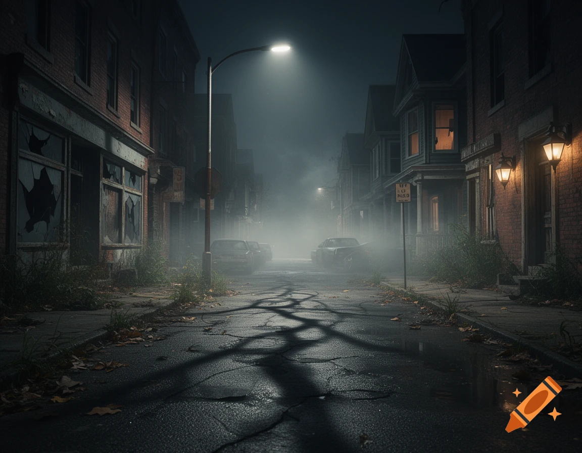 Photorealistic haunted street at night with an eerie fog, cracked pavement, and glowing streetlights.