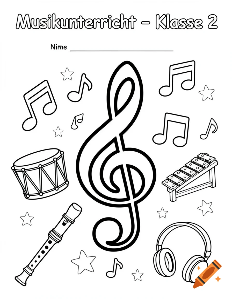 Black and white coloring page for music class featuring a treble clef, drum, flute, xylophone, and musical notes.