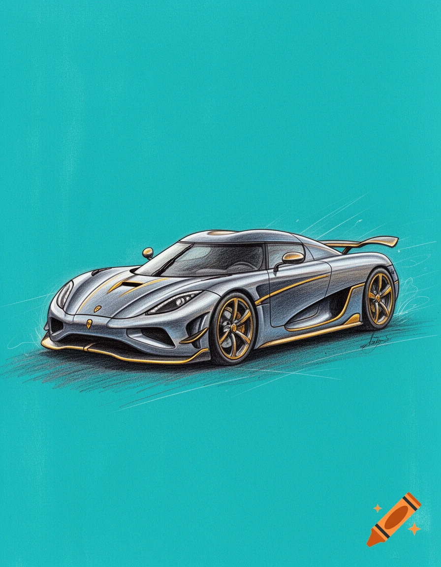 Colored pencil drawing of a gray and gold Koenigsegg sports car against a turquoise background.