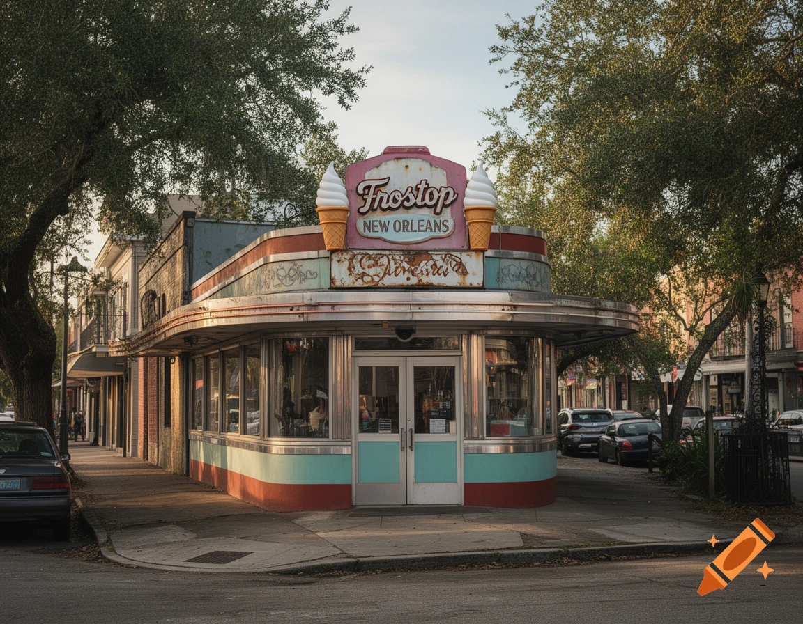 Photorealistic image of the retro Frostop diner in New Orleans on a street corner surrounded by trees.