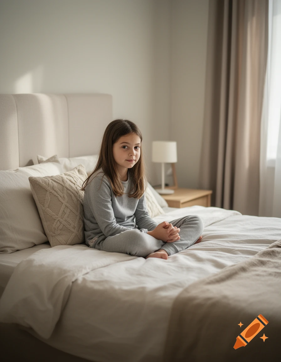 Young girl sitting cross-legged on a bed in a bright bedroom, photorealistic style.