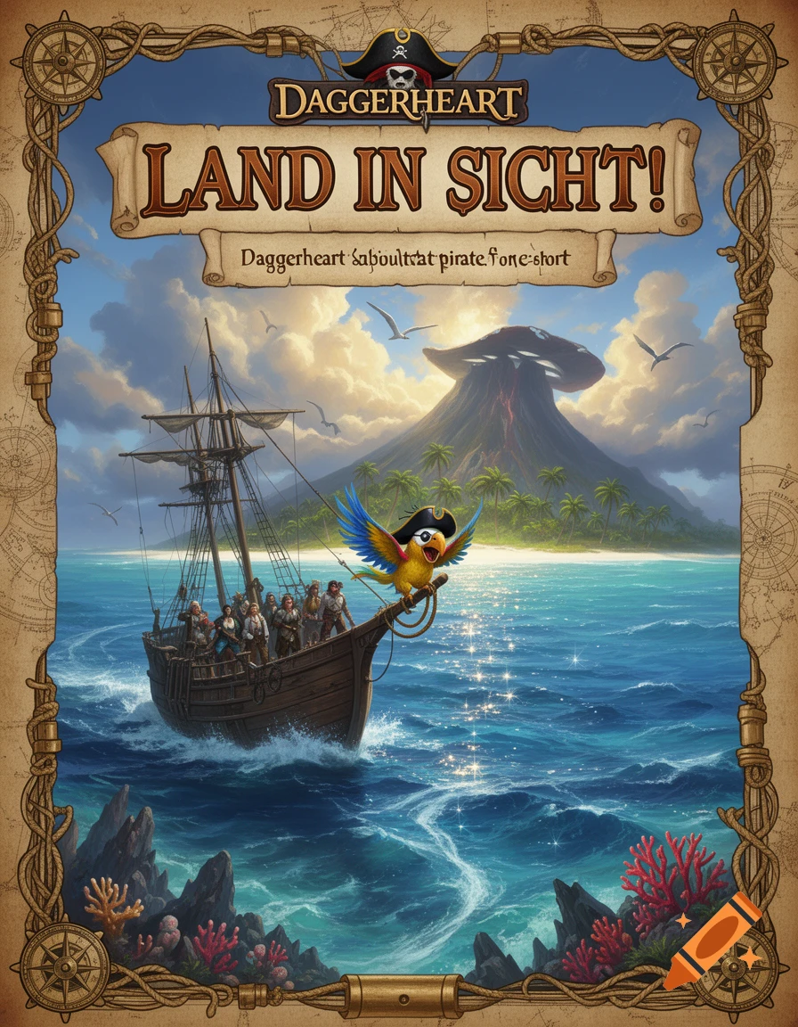 Fantasy pirate ship sailing towards an island with a volcano shaped like a pirate hat, featuring a parrot with an eyepatch on the bowsprit.