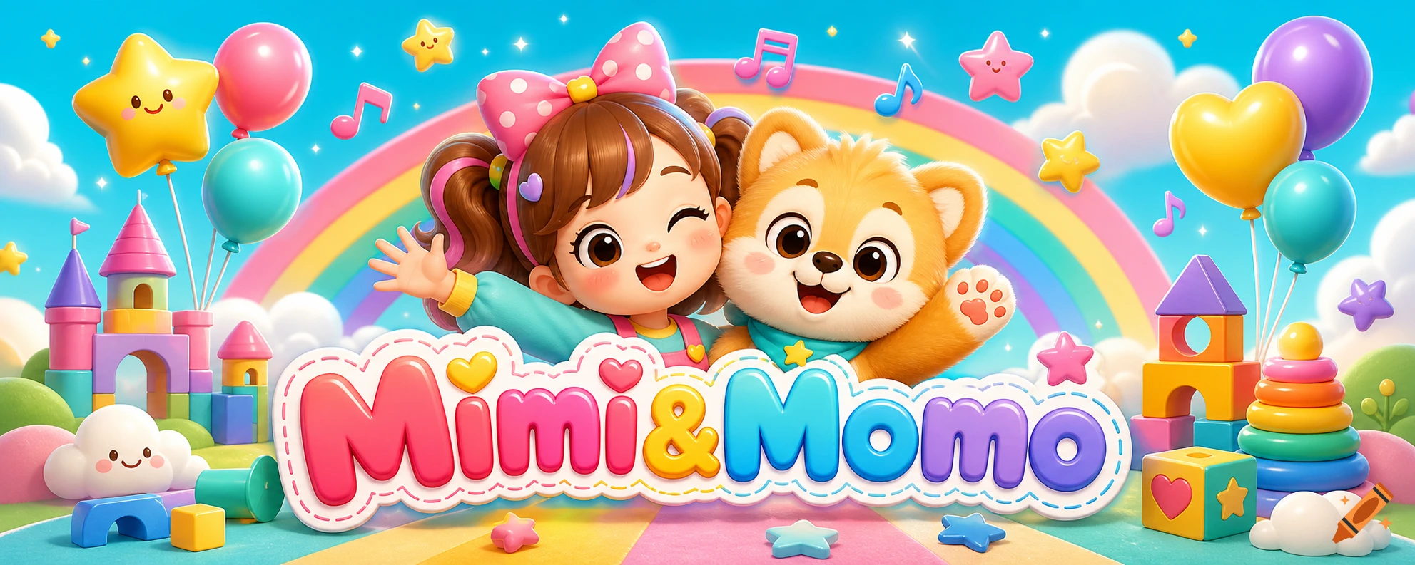 Colorful 3D cartoon banner featuring a smiling girl with a bow and an orange puppy, surrounded by toys, rainbows, and clouds.