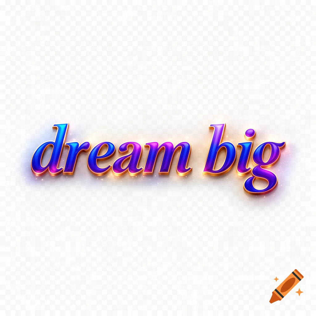3D glossy text reading 'dream big' in blue and purple with gold outlines on a transparent background.