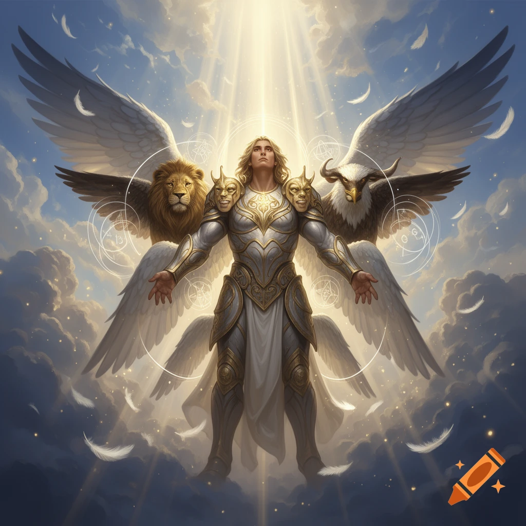 An angelic figure with large feathered wings and armor stands amidst clouds with divine light shining from above, flanked by a lion and an eagle.