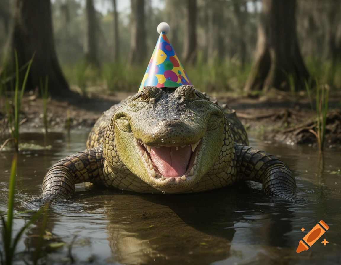 Close-up photorealistic shot of an alligator in a swamp wearing a colorful birthday hat.