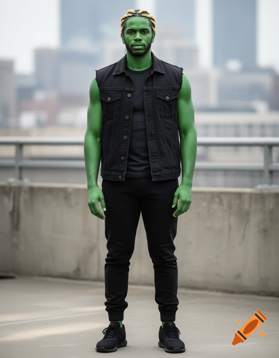 Photorealistic full-body portrait of an African American male with green skin, blond cornrows, black denim vest, and joggers against an urban backdrop.