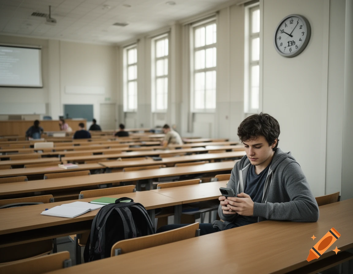 Photorealistic image of a young man sitting at a desk in a large, empty classroom, looking at his smartphone. A clock on the wall reads 13h.