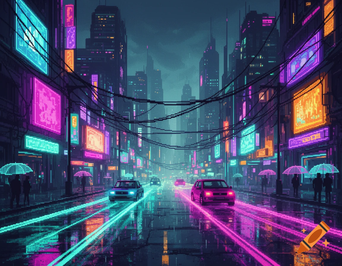 Pixel art depiction of a cyberpunk city street at night in the rain, with glowing neon signs and cars.