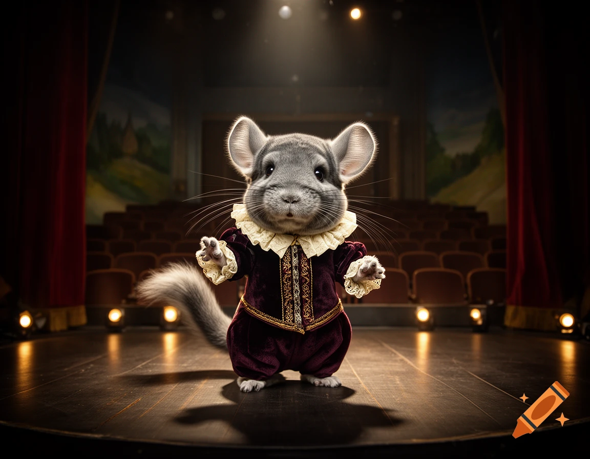 A photorealistic chinchilla dressed in Shakespearean attire standing on a wooden theater stage.