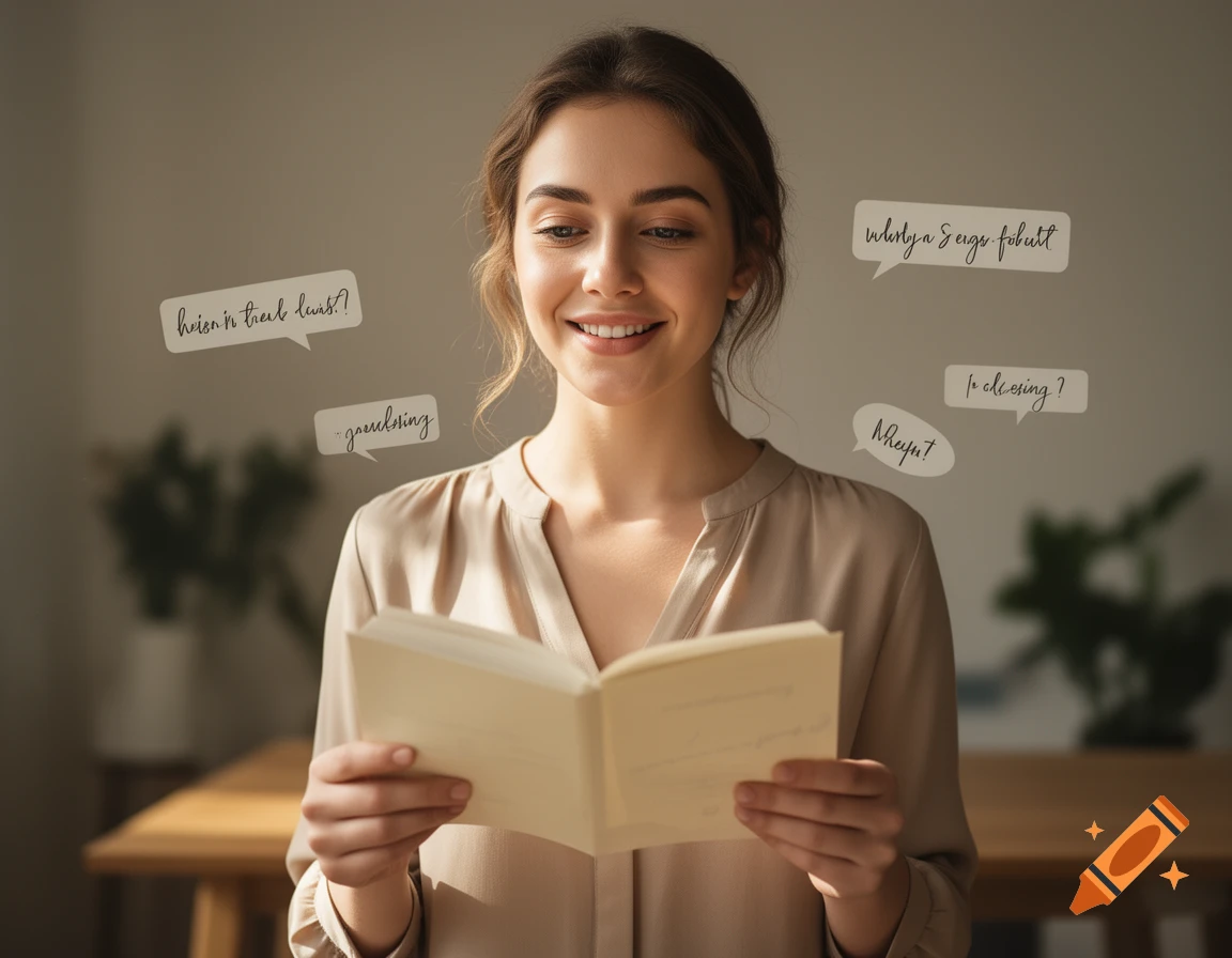 A young woman smiling while reading a book, surrounded by speech bubbles with garbled handwriting.