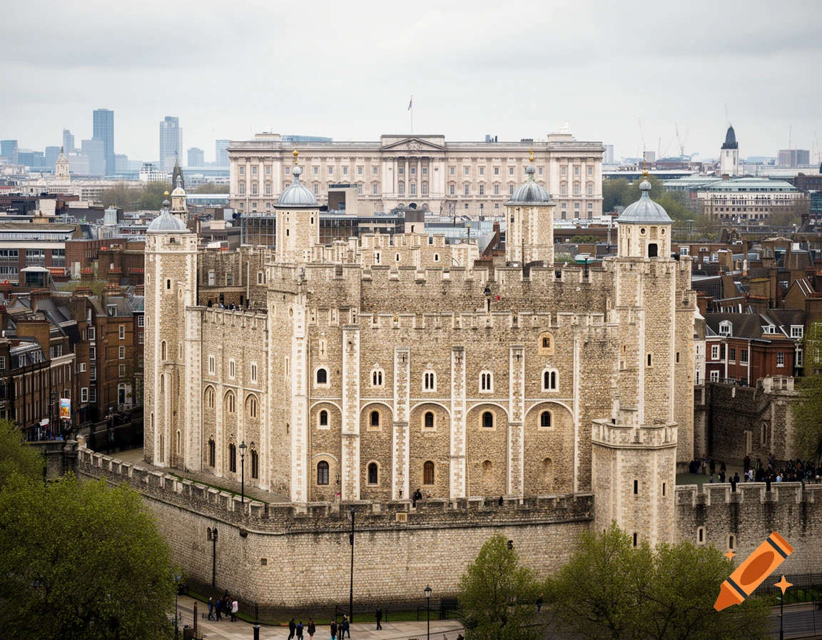 Aerial view of the Tower of London with Buckingham Palace in the background under a cloudy sky, photorealistic