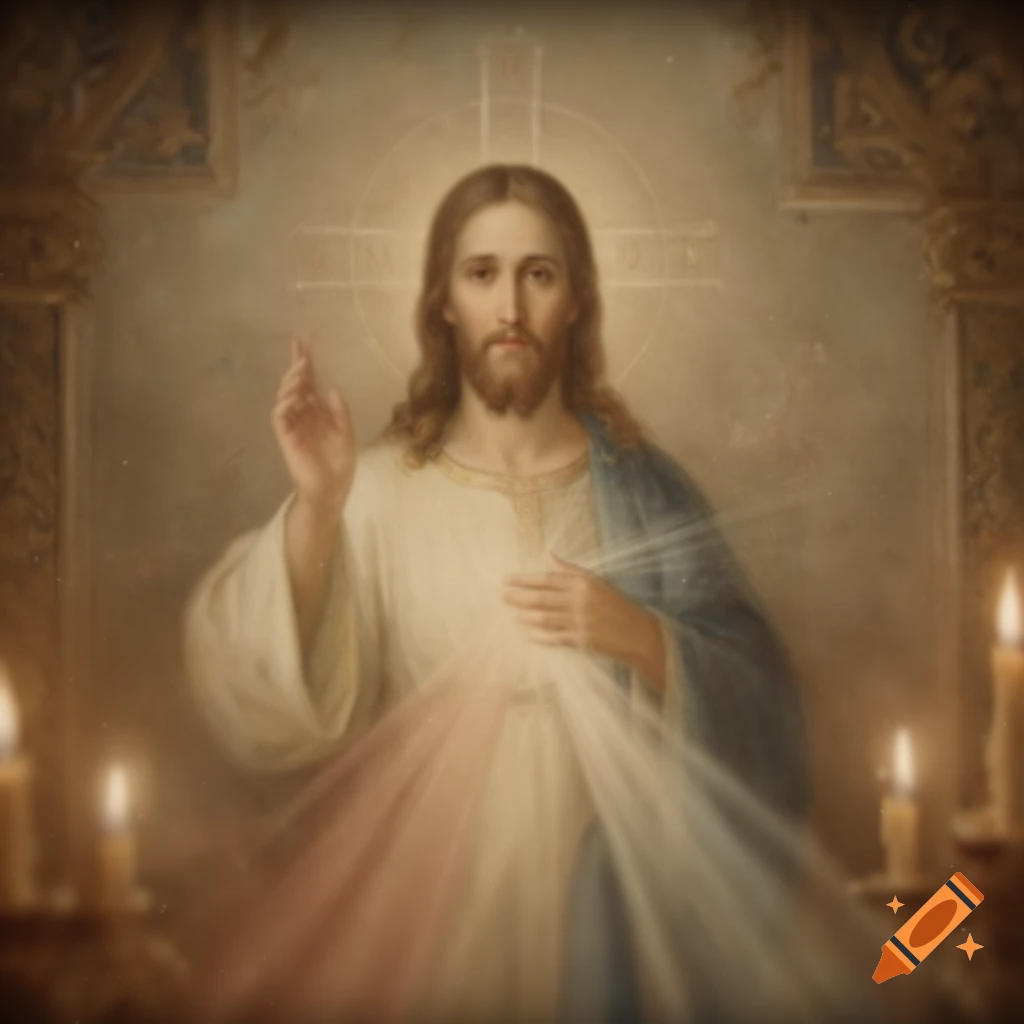 Classic painting style depiction of Jesus Christ with a halo and glowing rays of light, surrounded by candles.