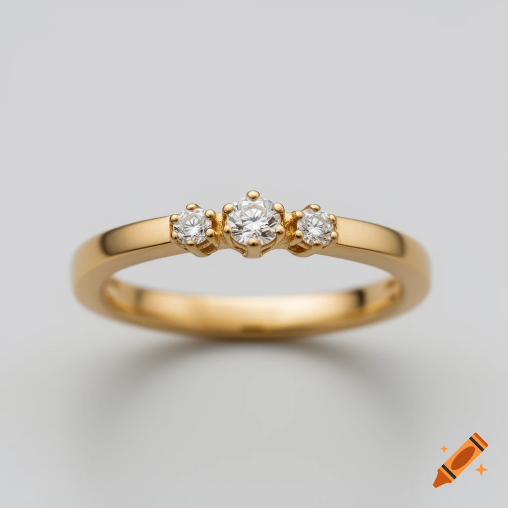 A photorealistic gold ring with three small diamonds set on a neutral grey background.