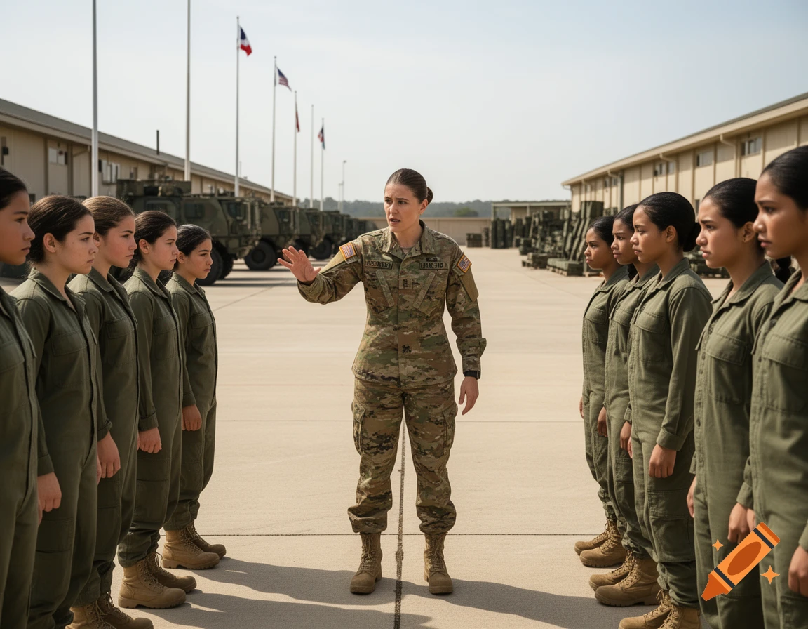 An army officer in camouflage lecturing a line of younger female recruits in green jumpsuits outdoors.