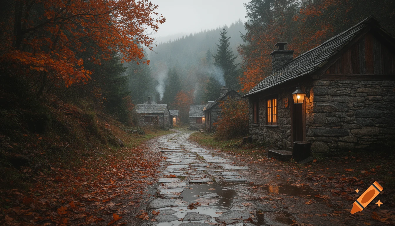 Photorealistic scene of a wet stone path winding through an autumn forest with rustic stone cottages and glowing lanterns.