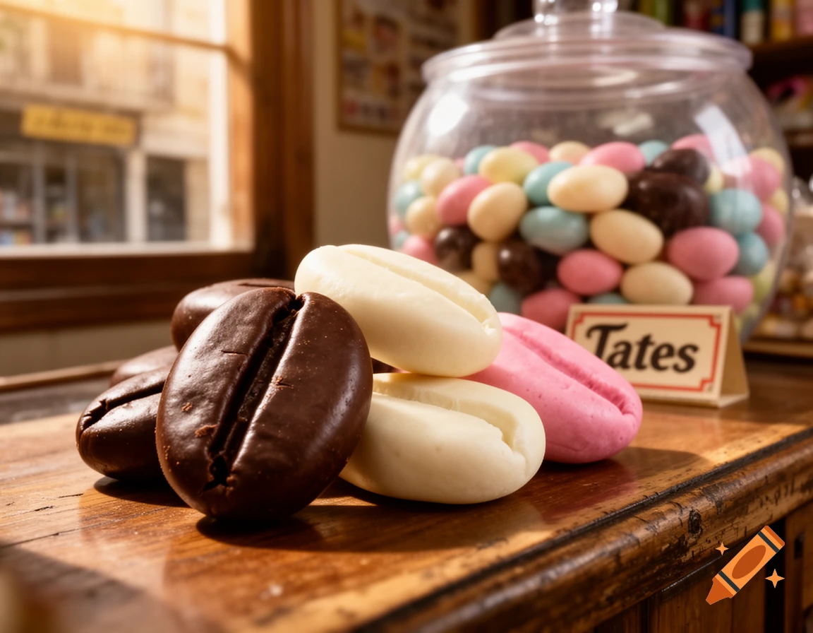 Macro photorealistic photograph of colorful plump Tates candies shaped like coffee beans on a wooden counter with a candy jar in the background.