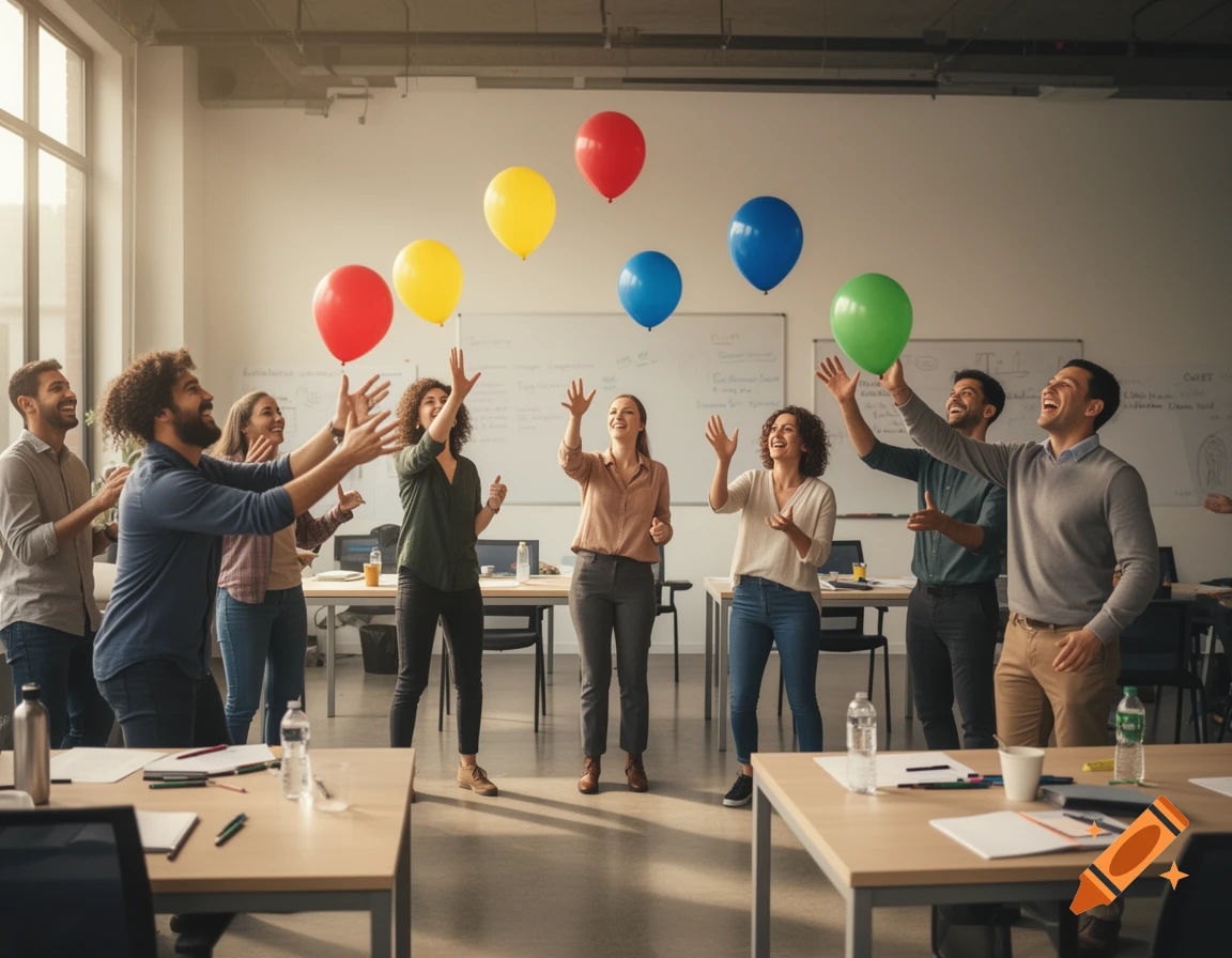 A diverse team of adults in a workshop setting playfully tossing colorful balloons in the air.